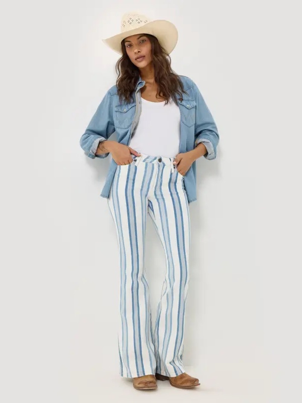 Wrangler Retro Bailey Striped Light Blue and White Flare Jeans Size 29 - Picture 9 of 11